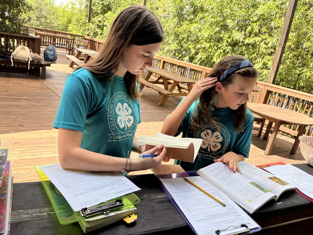Students in 4-H shirts writing in their journals on the outdoor deck
