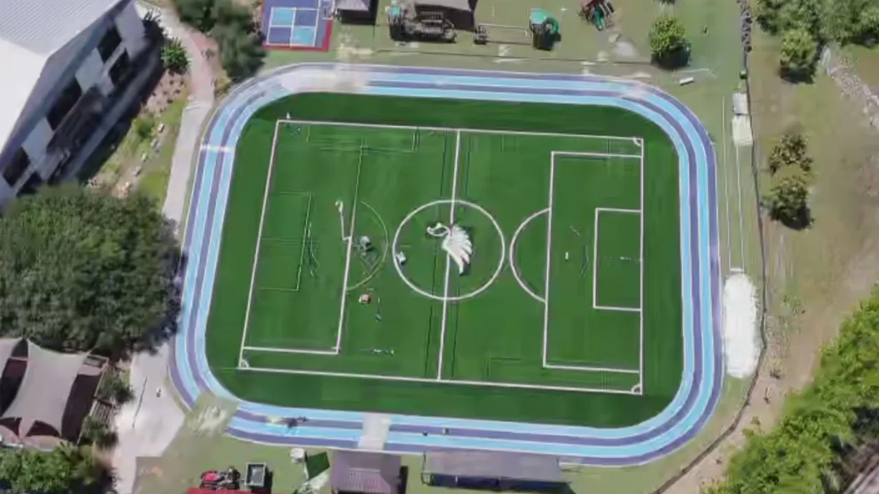 Aerial view of the River Hawks athletic field and track