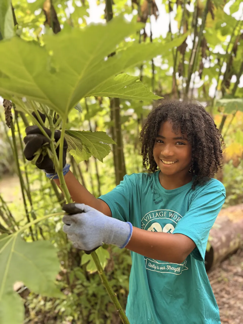 A student at work in the food forest