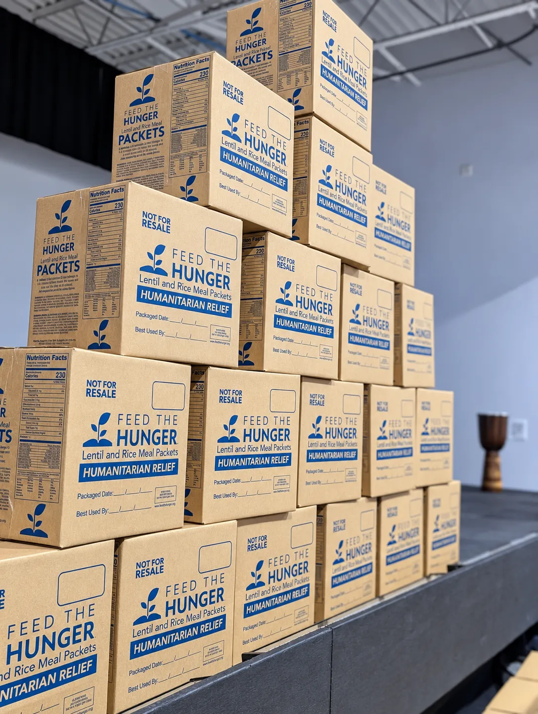 A stack of finished Feed the Hunger meal boxes ready to ship