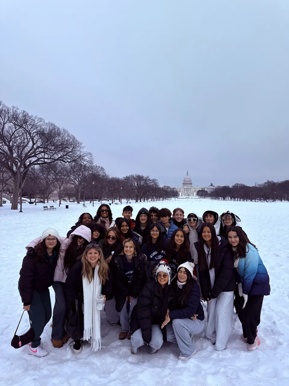 Students in the snow on the National Mall in Washington, DC
